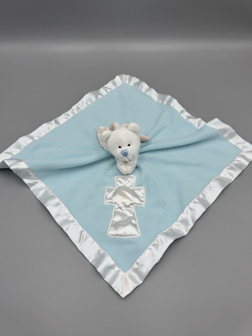 Baby Boom Lovey Security Blanket White Angel Bear Satin Like Cross Trim Religion